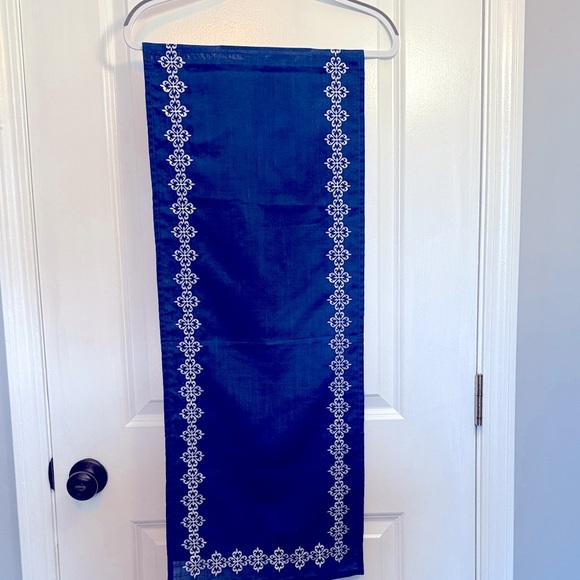 Other - Blue Linen Table Runner with White Embroidered Floral Trim